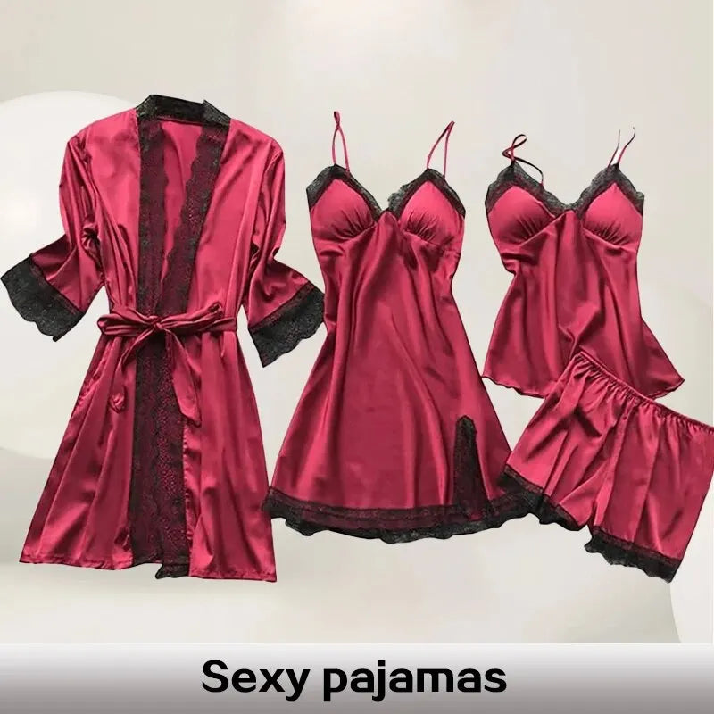 4PCS Sleepwear Pajamas Set Silk Women Nightdress Lace Dress Robe Sleep Nightwear Silk Solid Color Pijama Sets