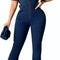 Women Elegant Jeans Jumpsuit Sexy V-Neck Clubwear Bell Bottom Denim Long Pants Jumpsuits with Zipper Pockets