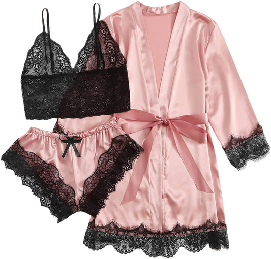 Women'S Sleepwear 3Pcs Floral Lace Trim Satin Cami Pajama Set with Robe Light Pink Black L