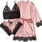 Women'S Sleepwear 3Pcs Floral Lace Trim Satin Cami Pajama Set with Robe Light Pink Black L