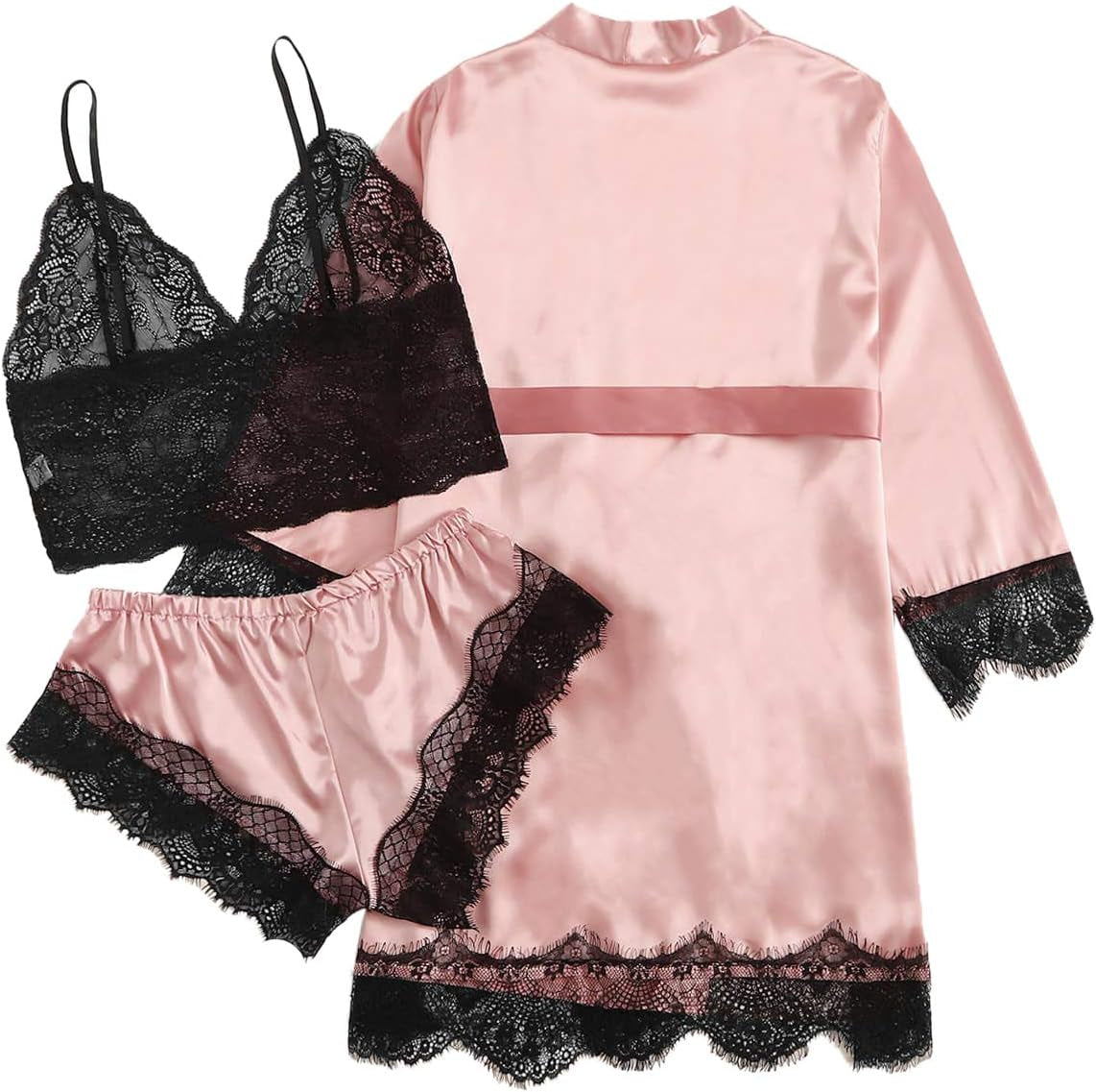 Women'S Sleepwear 3Pcs Floral Lace Trim Satin Cami Pajama Set with Robe Light Pink Black L