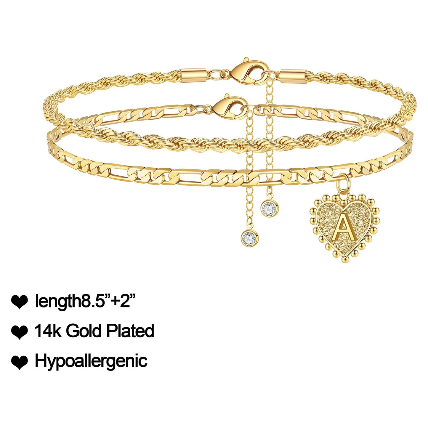 Initial Ankle Bracelets for Women 14K Gold Filled Dainty Heart Initial Anklet Foot Jewelry Gold Anklets for Women Summer Gifts