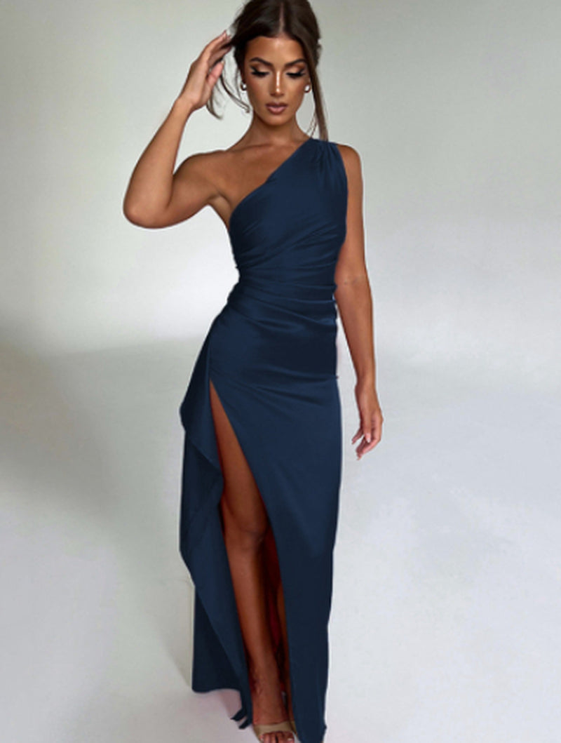 Sexy One-Shoulder Backless Slit Dress Summer Elegant Slim-Fit Solid Color Satin Dresses for Women