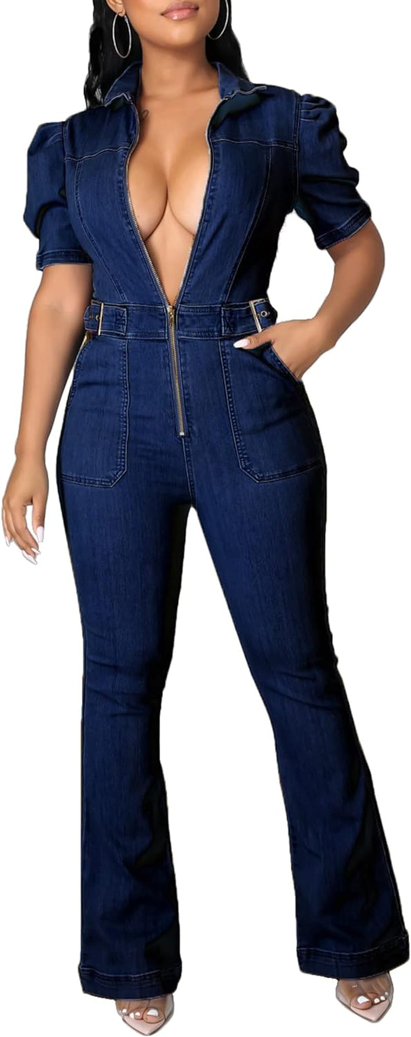 Women Elegant Jeans Jumpsuit Sexy V-Neck Clubwear Bell Bottom Denim Long Pants Jumpsuits with Zipper Pockets